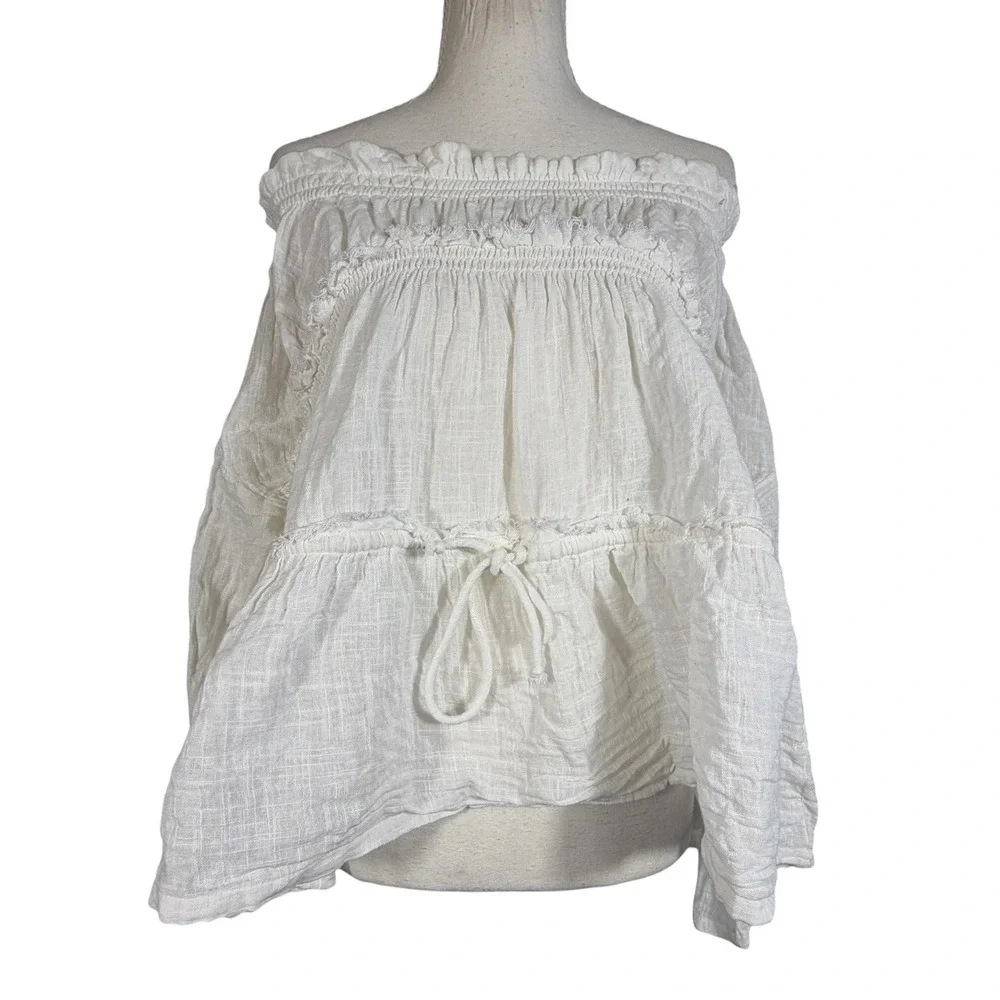 Free People‎ Peasant Top S Ivory Cotton Gauze Off Shoulder Bell Sleeve Boho